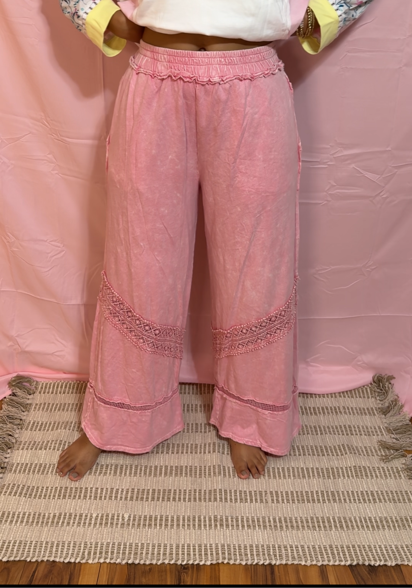 Mineralwash Wide Leg Pants with Boho Trims
