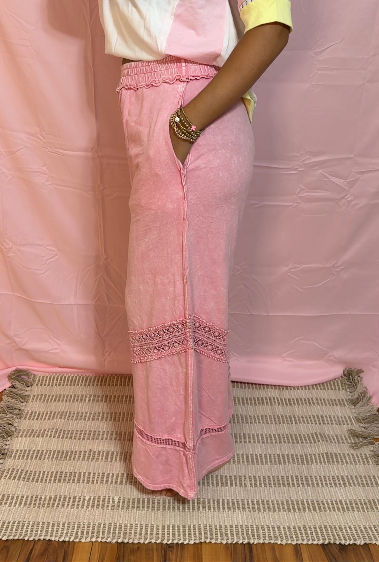 Mineralwash Wide Leg Pants with Boho Trims