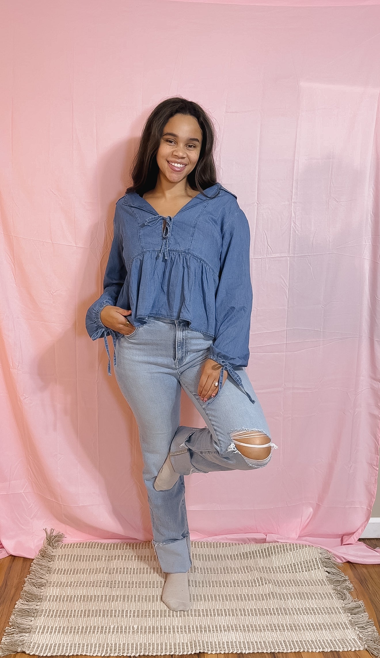 Denim Lapel Neck Balloon Sleeve Tied Top