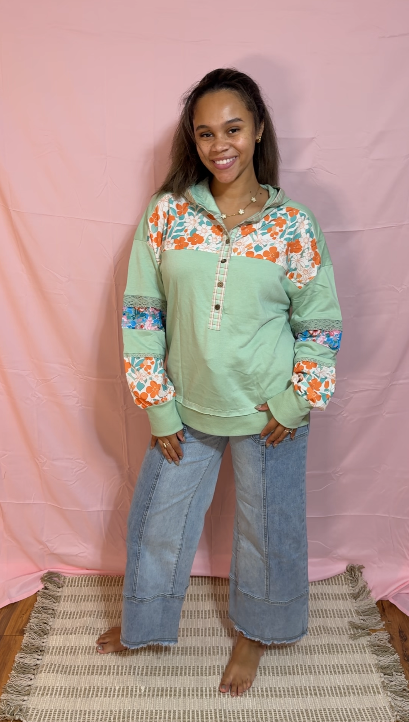Lace Floral Patchwork Half Button Hooded Pullover