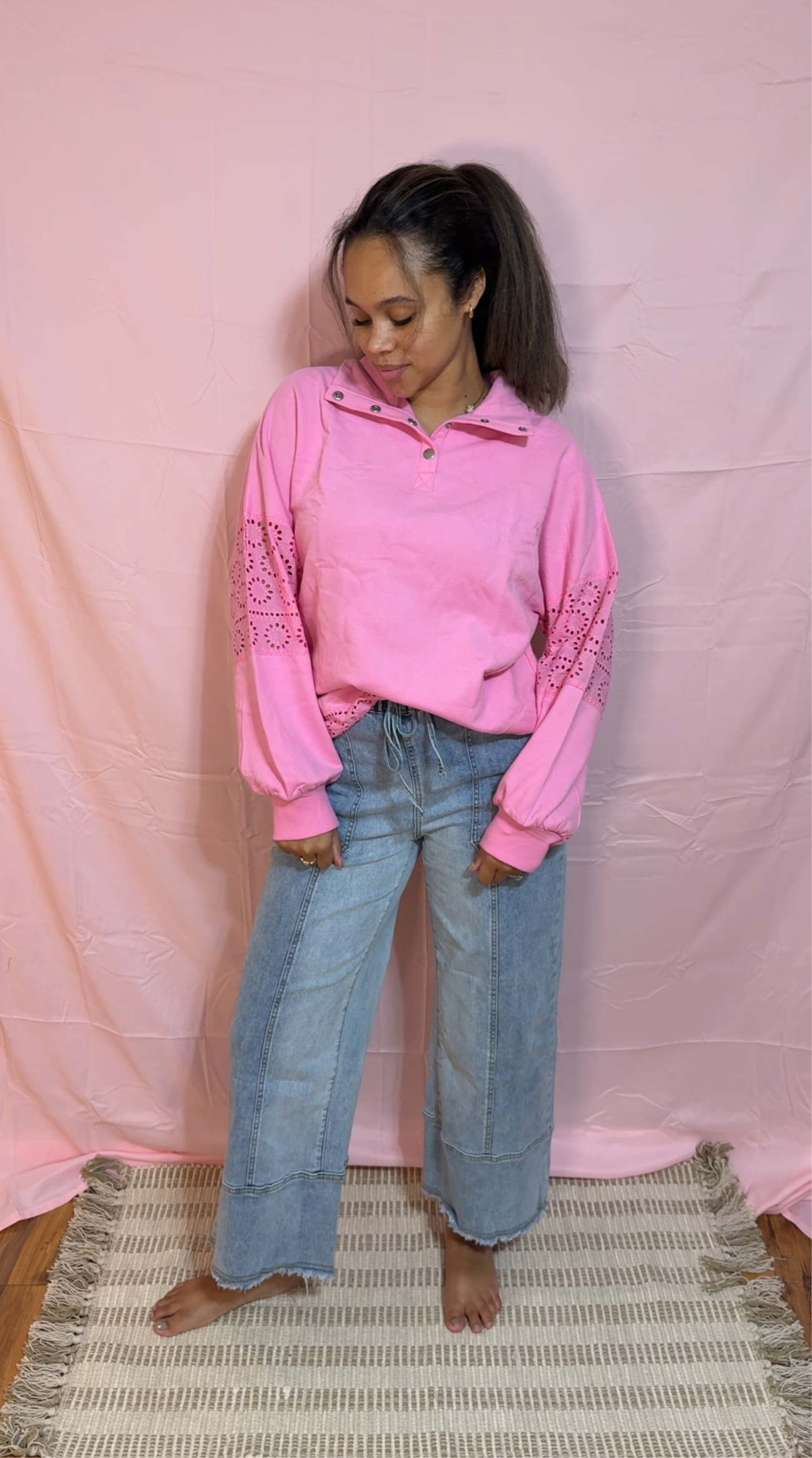 Embroidered Flower Snap Buttons Pullover Sweatshirt