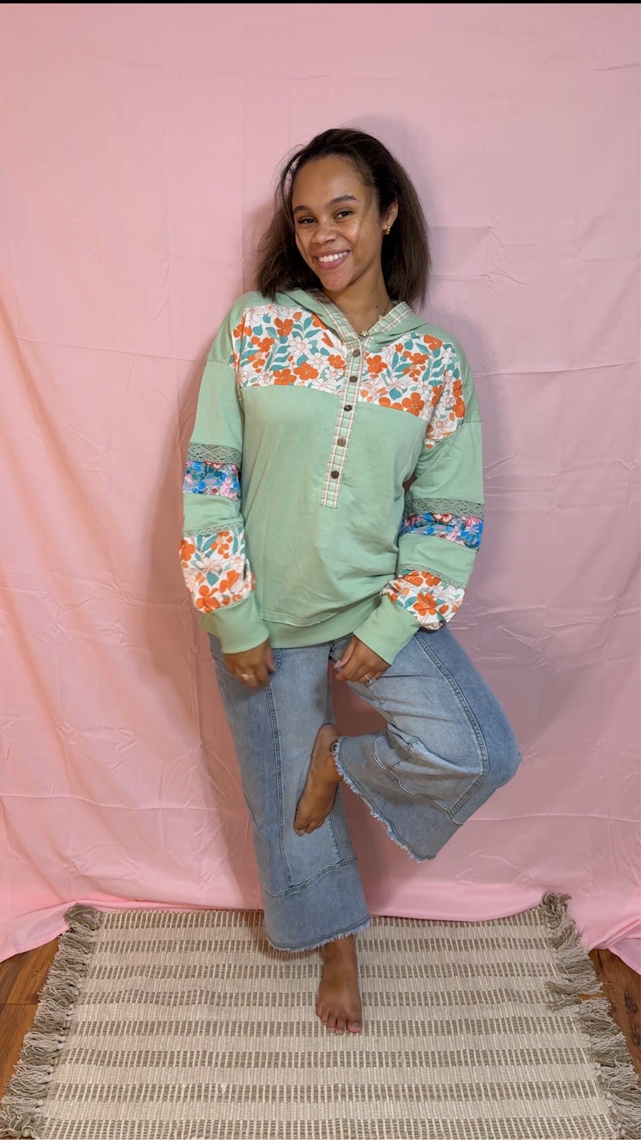 Lace Floral Patchwork Half Button Hooded Pullover
