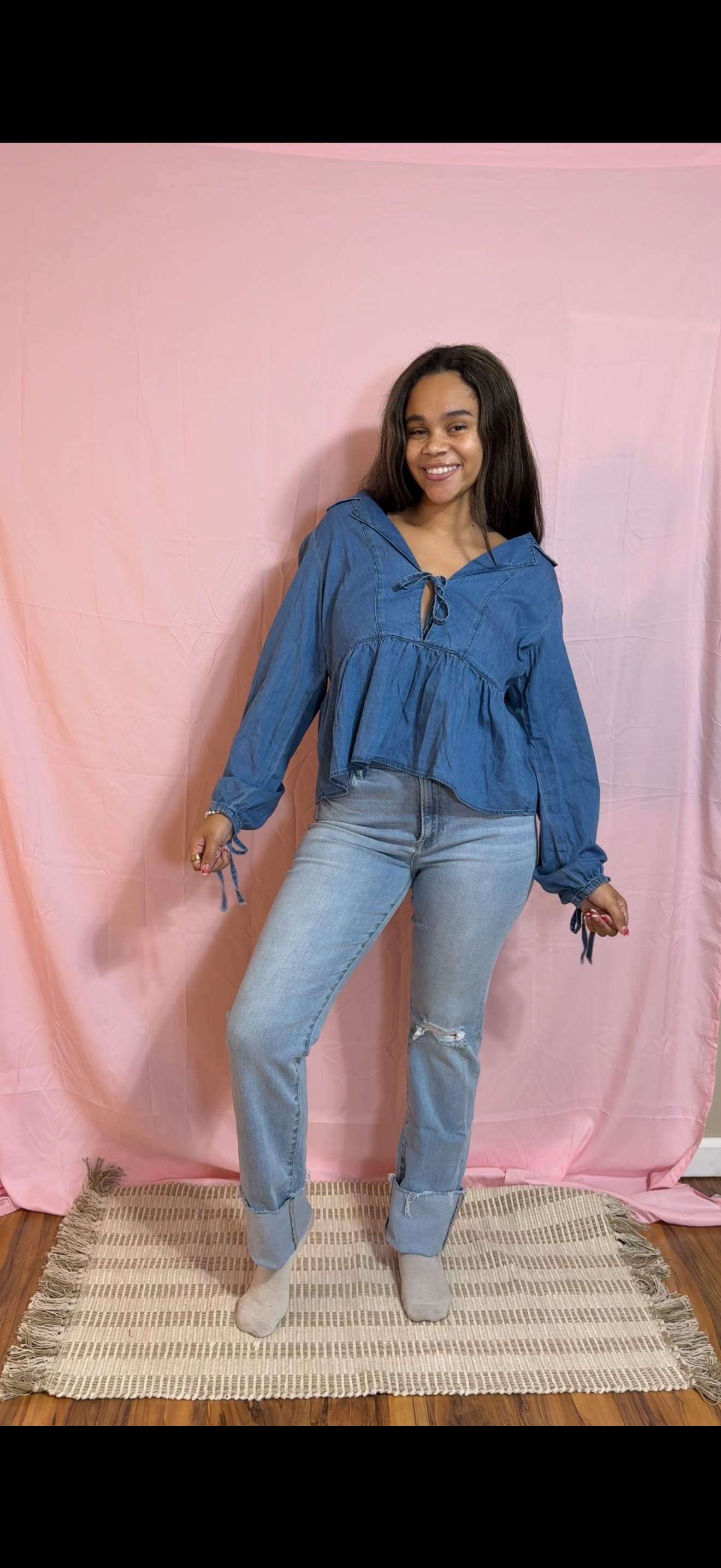 Denim Lapel Neck Balloon Sleeve Tied Top