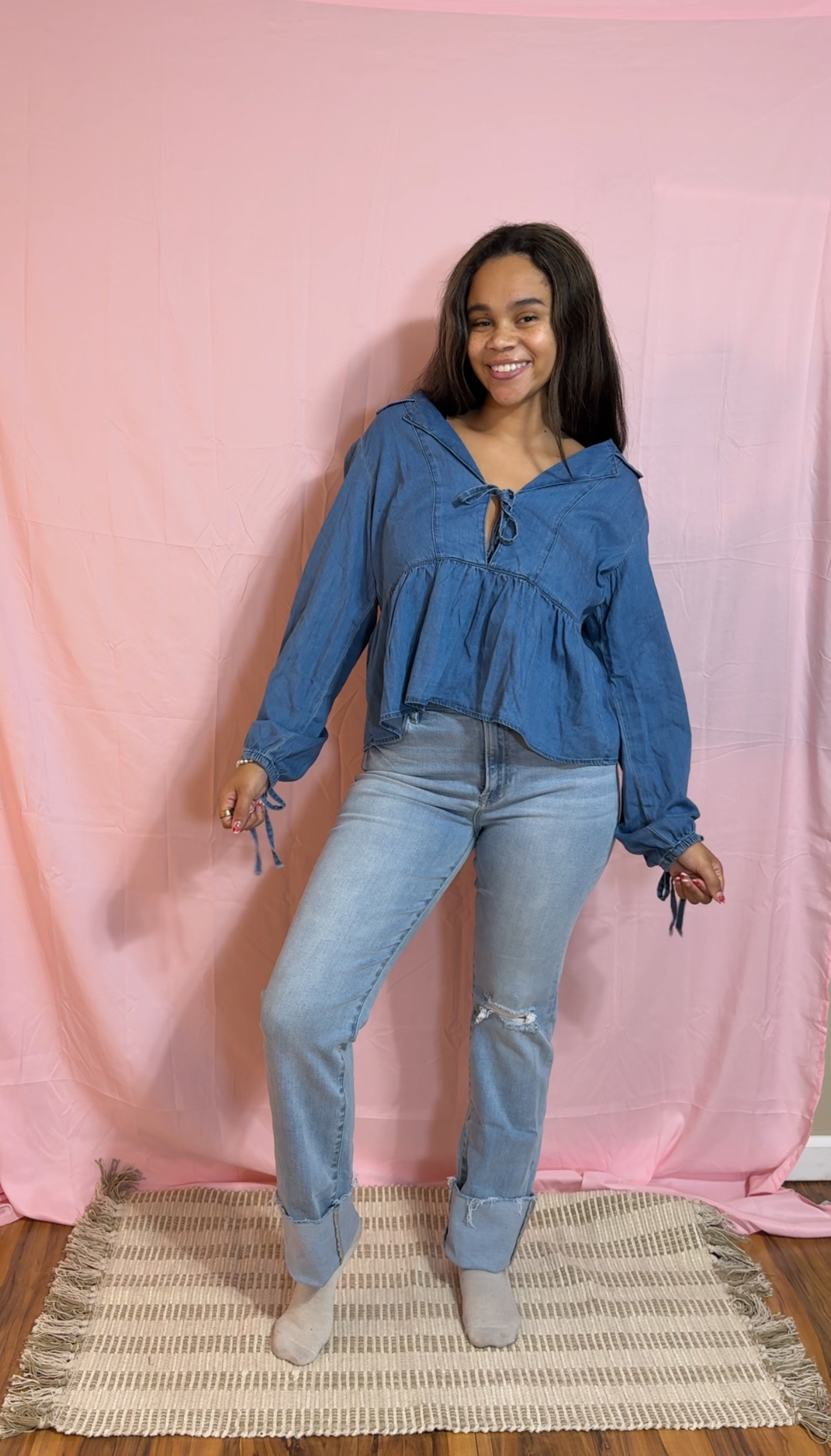 Denim Lapel Neck Balloon Sleeve Tied Top