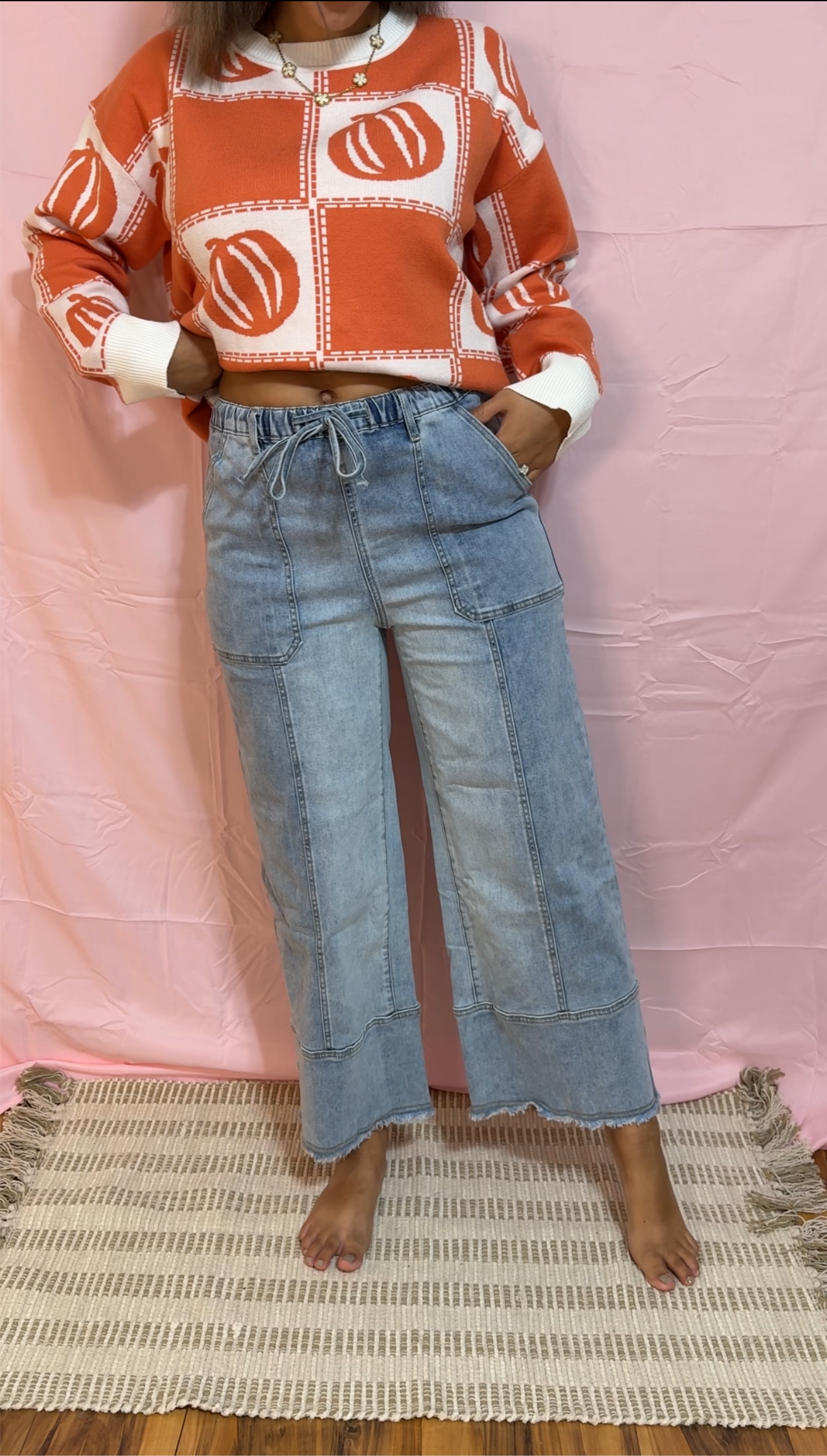 Drawstring Seam Detail Raw Hem Wide Leg Denim Pants