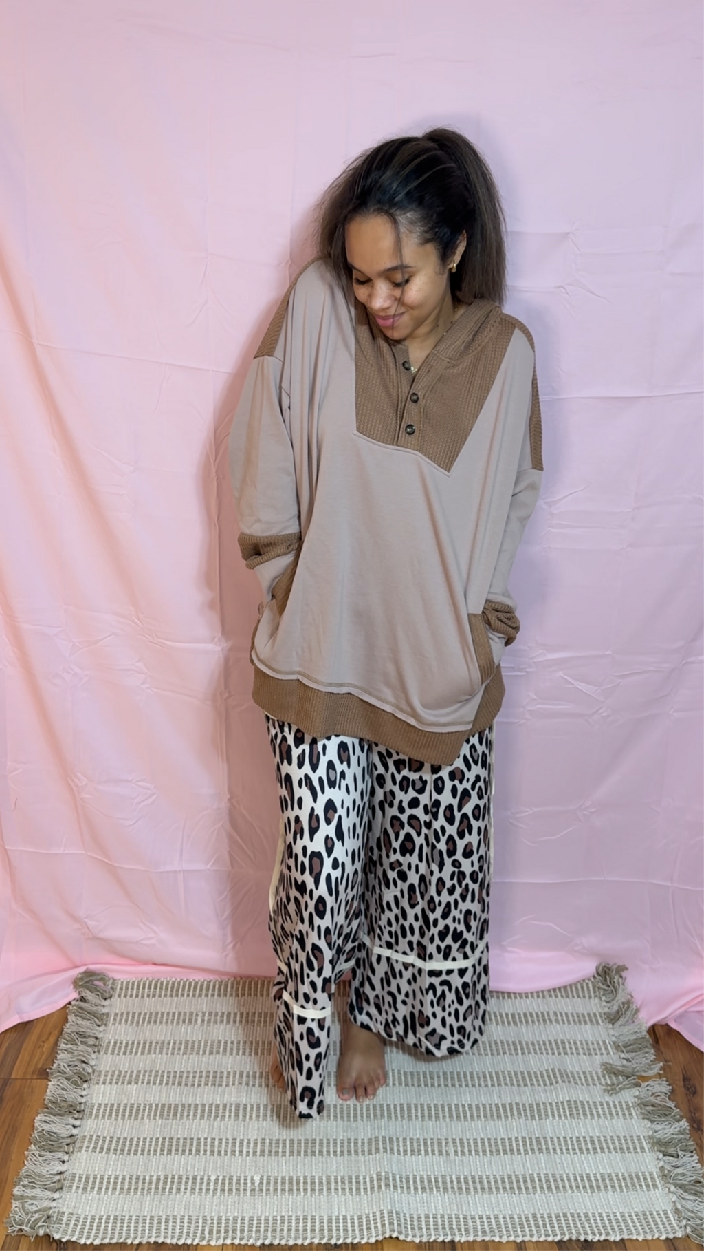 Waffle Contrast Patchwork Plus Size Pocketed Hoodie