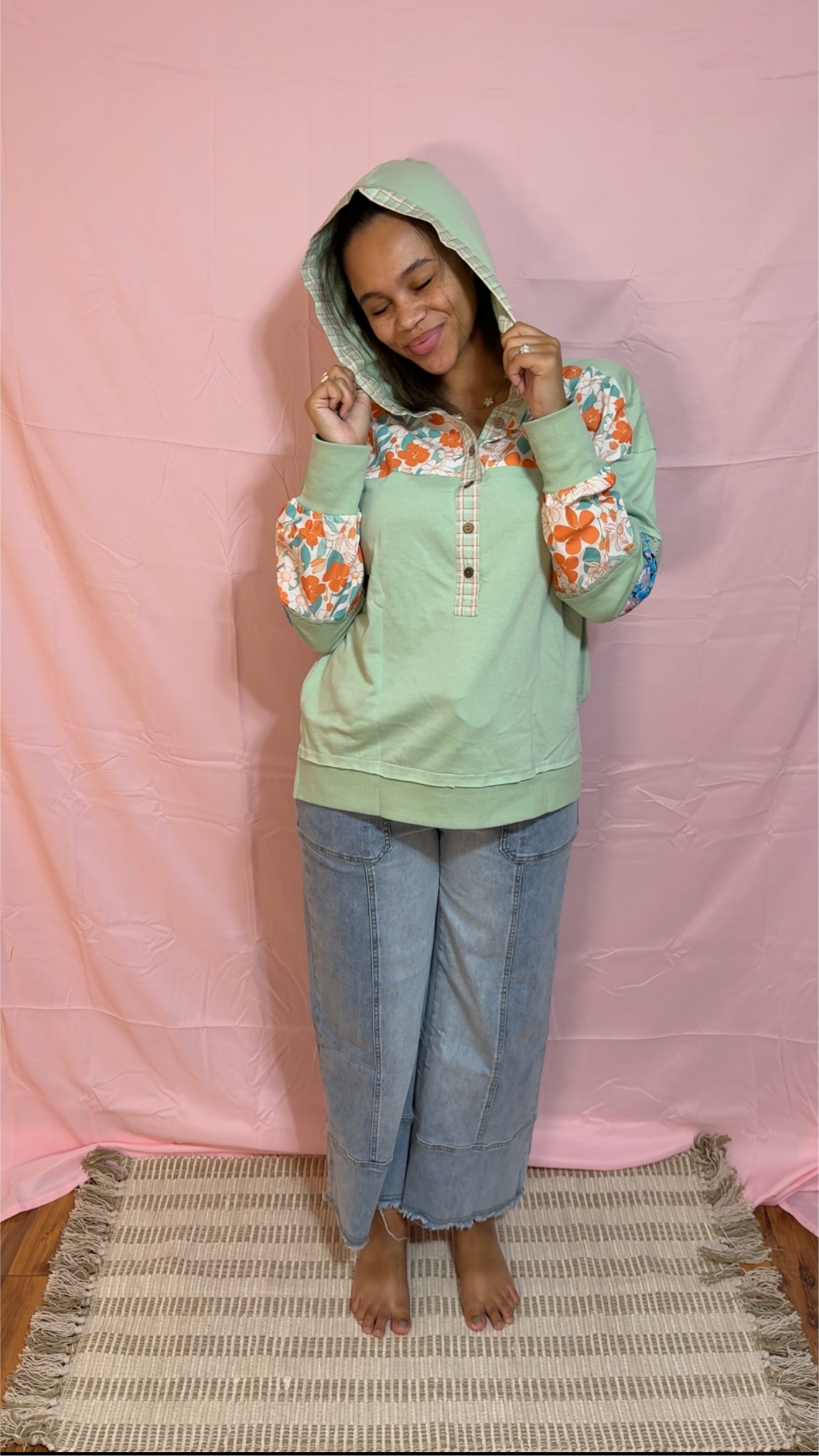 Lace Floral Patchwork Half Button Hooded Pullover