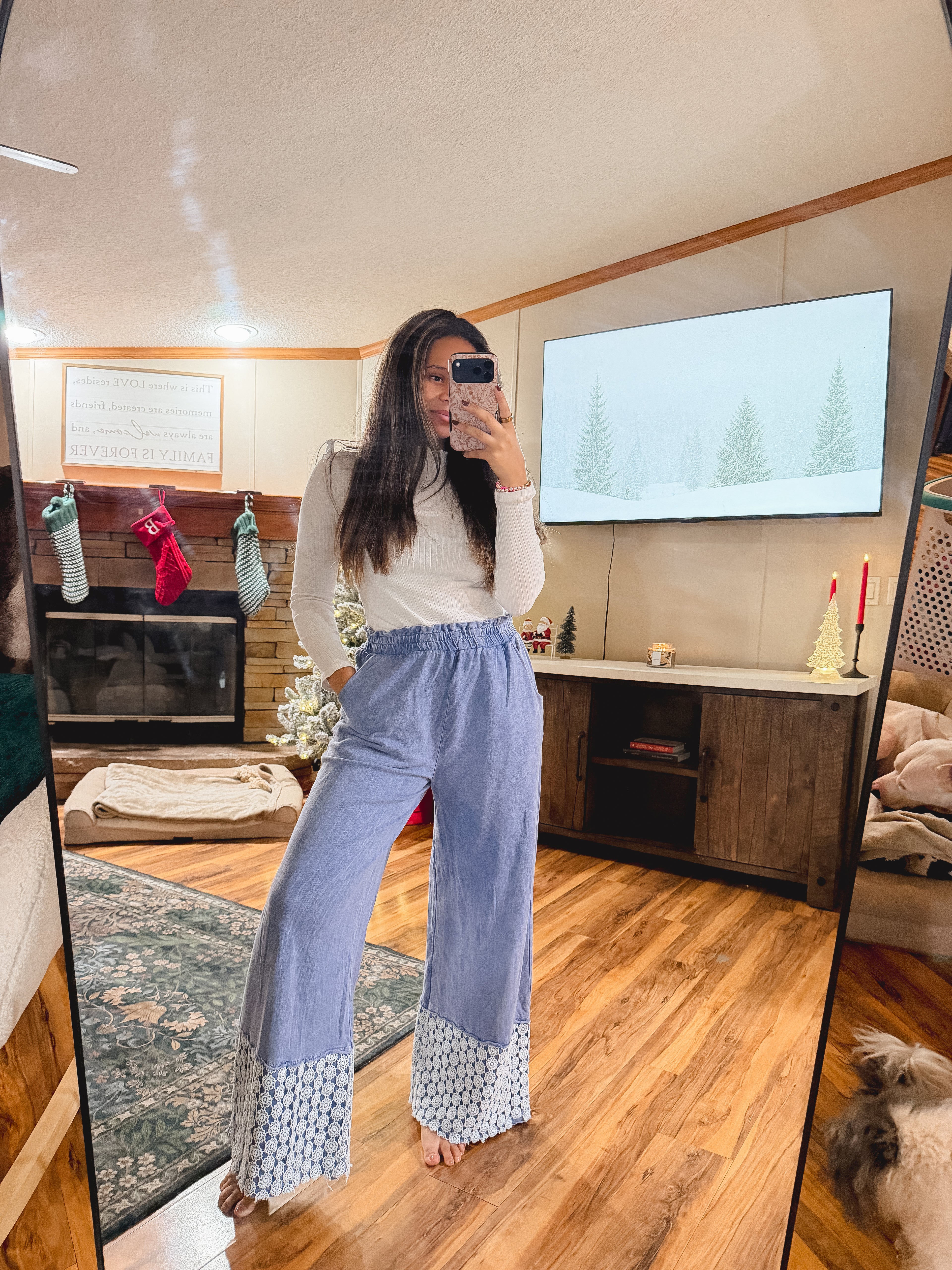 Mineral Washed Flower Daisy Trim Long Pants
